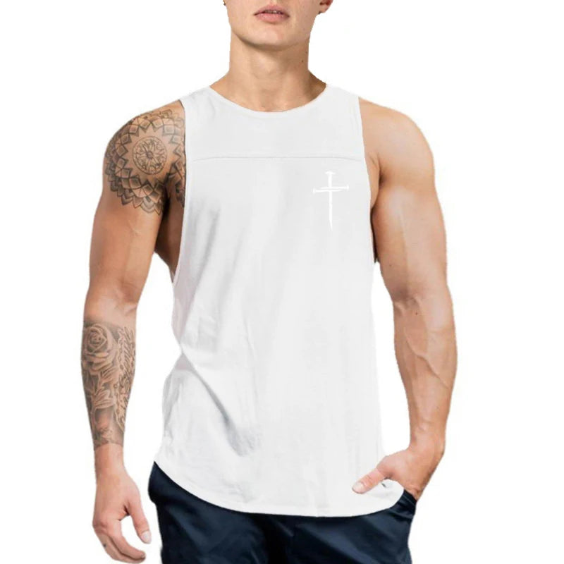 Personalized Cross Print Gym Bodybuilding Sleeveless Stringer Tank Tops Cotton Breathable Cool Mens Fitness Casual Loose Shirts
