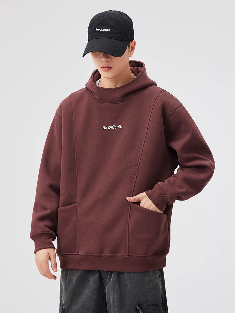 400GSM Cotton Men's Hoodies Letter Embroidery Front Pockets Pullover Hoody Tops Loose Fit - ATFH