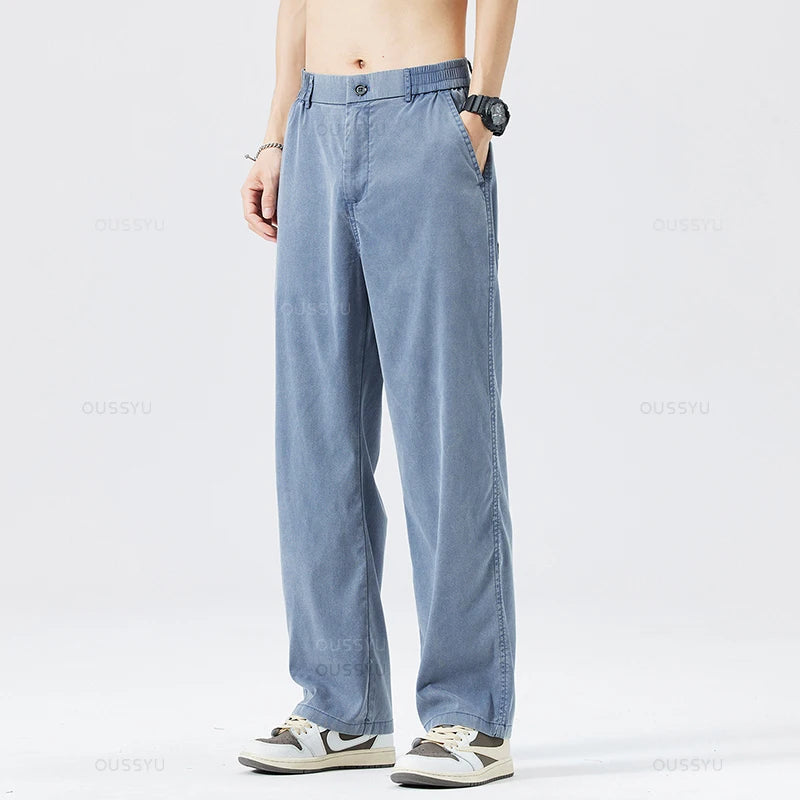 Summer Ultrathin Soft Lyocell Fabric Men's Jeans Breathe Loose Straight Pants Elastic Waist Korea Casual Trouser Plus Size M-5XL ATFH