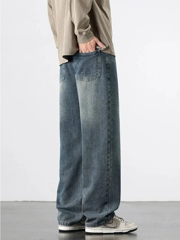 Spring Autumn American Retro Straight Jeans Men Streetwear Korean Fashion Loose Baggy Wide Leg Denim Pants Male Casual Trousers ATFH