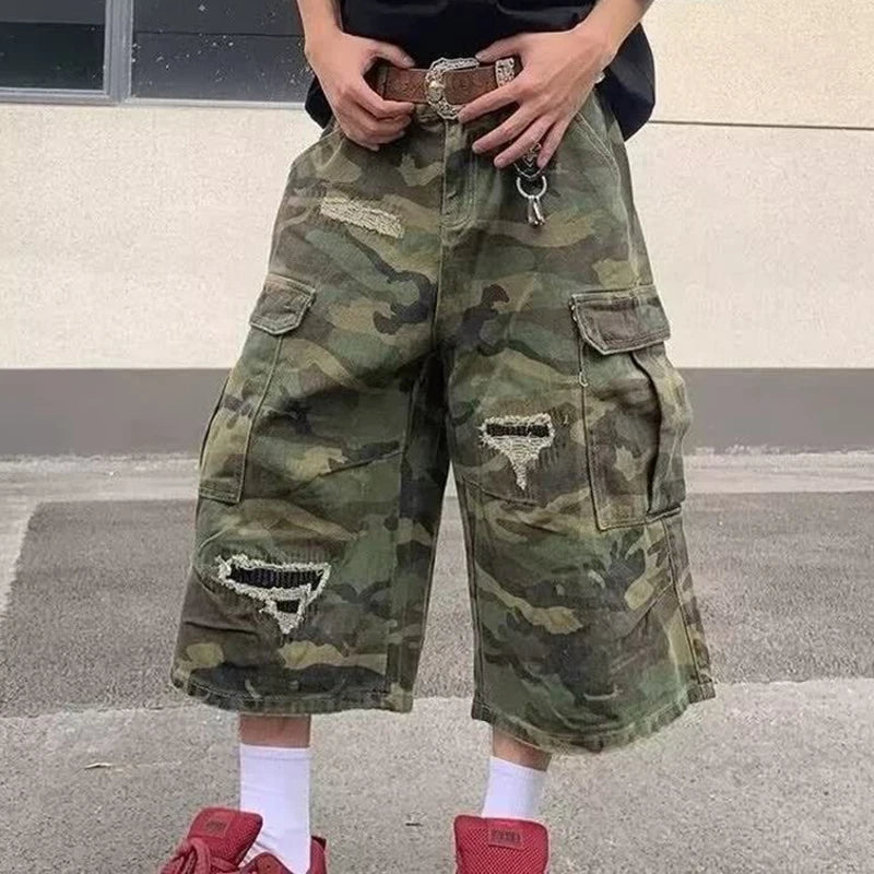 2025 Mens Camo Cargo Denim Shorts Distressed Straight Leg Casual Seven Inch Shorts Y2K Streetwear Vintage Loose Fit Summer Fashi ATFH