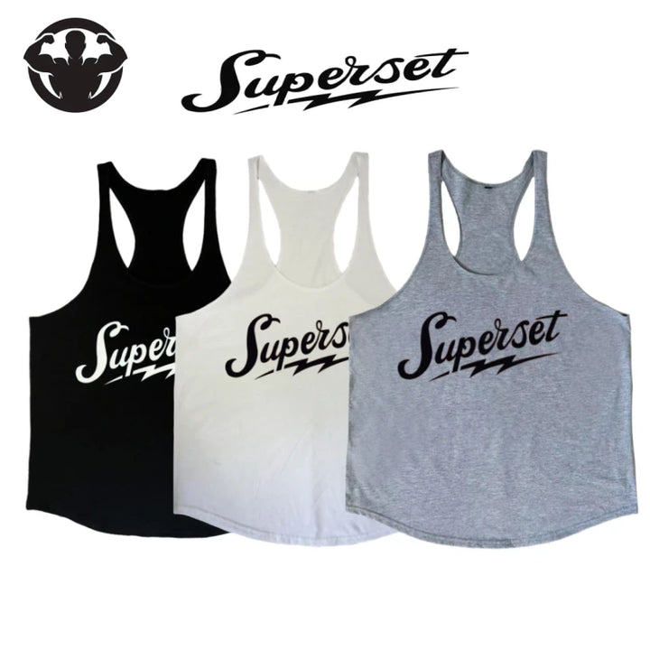 Superset graphic stringer tank tops, cotton gym undershirts for men in black, white, and heather gray (3-pack)