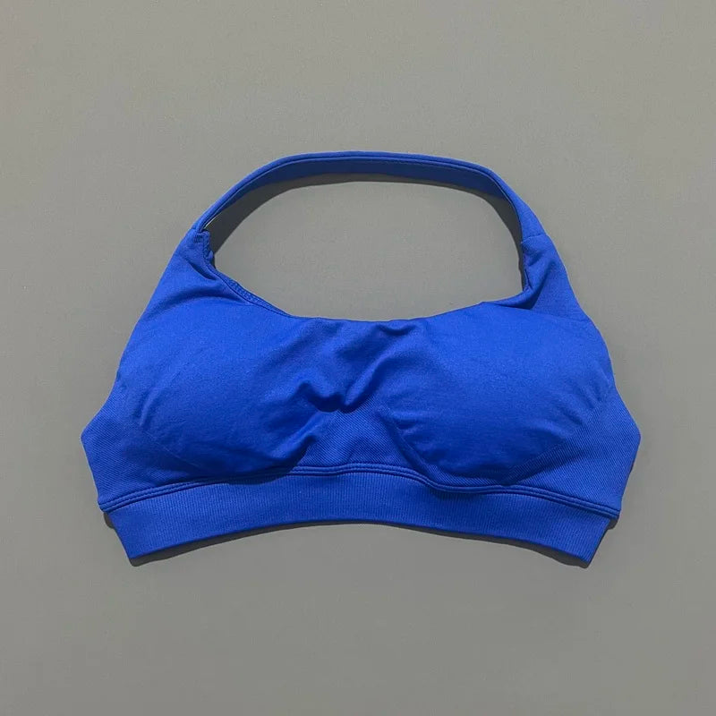 Histello Sports Bra Women Seamless Halter Clothes Neck Strap Padded Yoga Top Gym Backless Bra Running Sportswear Workout Tops - ATFH