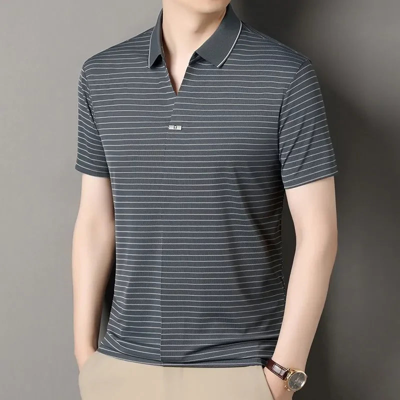 Ice Silk Short-sleeved Striped Men's T-shirt Summer New Lapel POLO Shirt Casual Fashion Top
