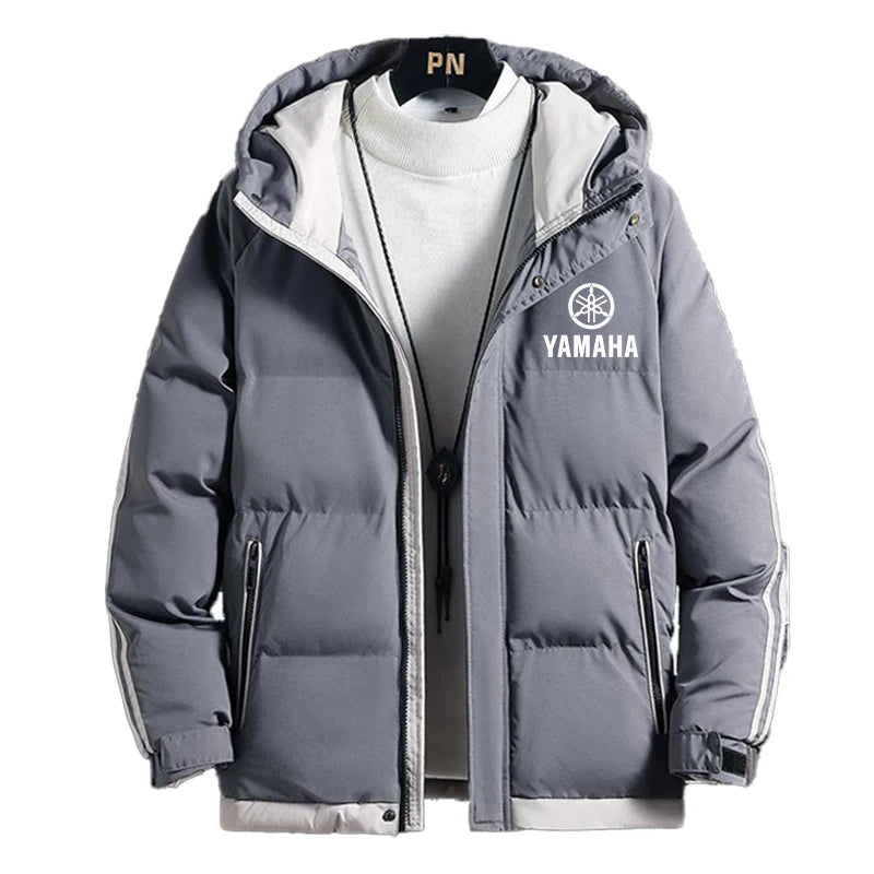 Yamaha's new men's hooded thick winter warm-up cotton coat for outdoor fashion, casual and sporty wear with zipper. Men's coat.