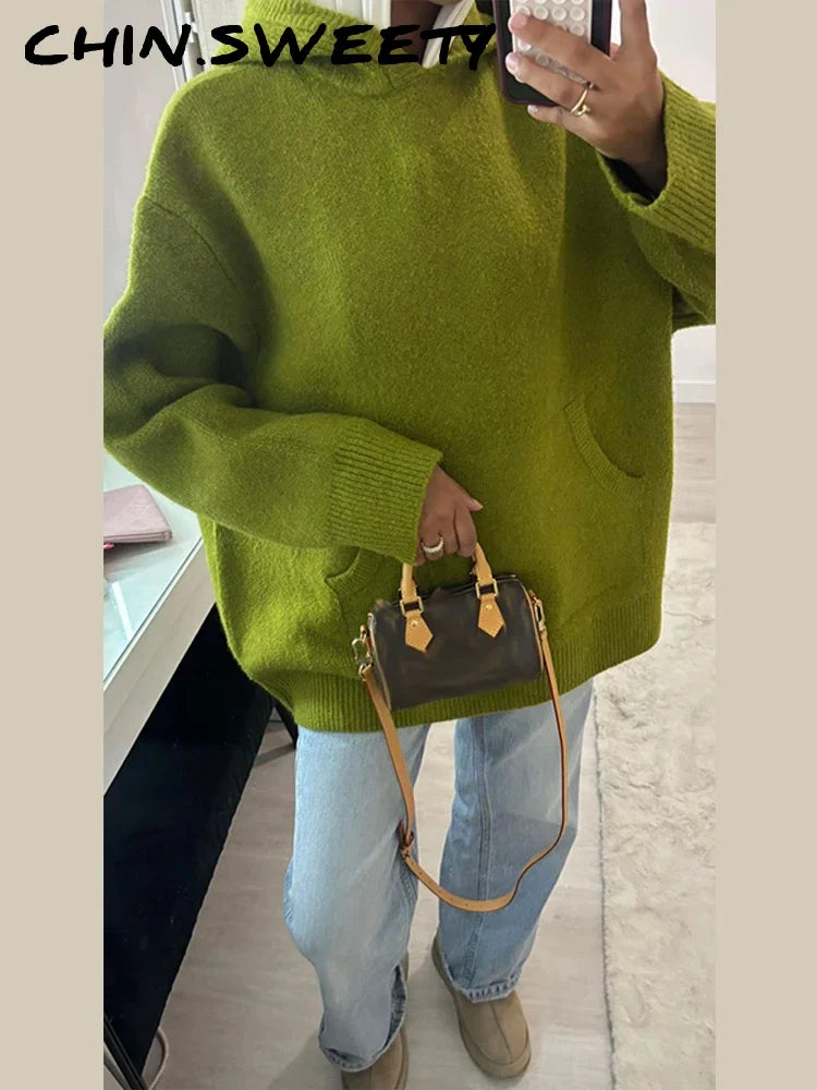 Casual Hooded Knitted Women's Sweater All-matching Green Loose Full Sleeve Pocket Lady Pullover Fashion Spring Female Top 2026 - ATFH