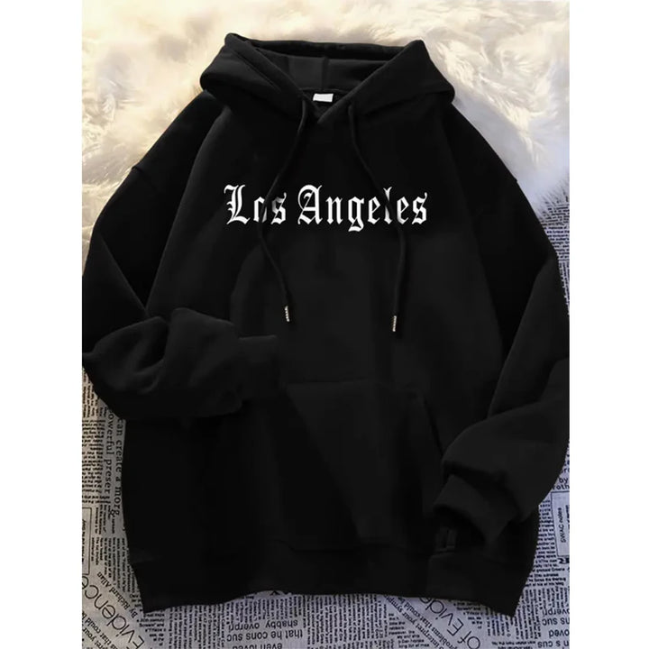 Men's autumn and winter casual fashion loose hoodie Los Angeles letter printed long sleeved warm pullover sweater - ATFH