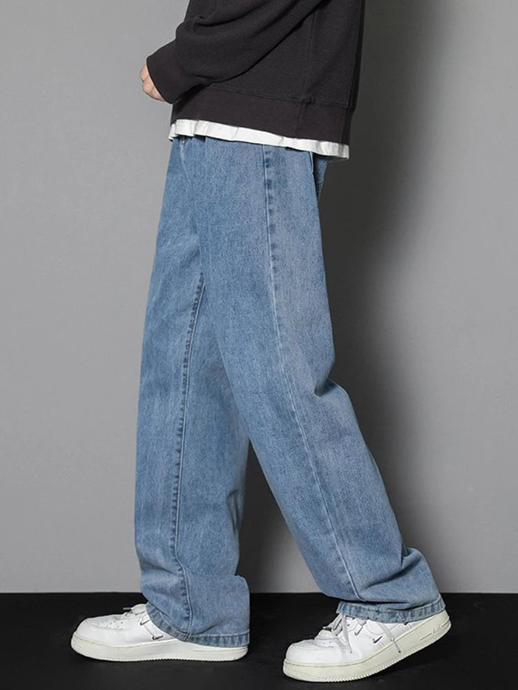 2026 New Korean Men's Casual Long Jeans Classic Man Straight Denim Wide-leg Pants Solid Color Light Blue Grey Black ATFH