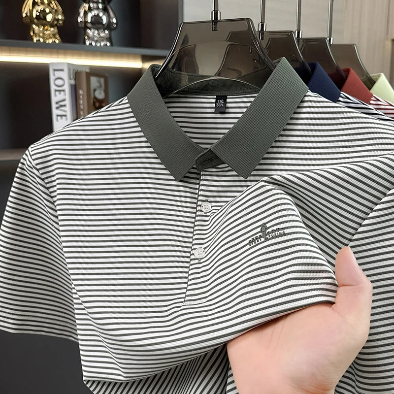 Luxury brand striped short sleeve polo shirt new fashion letter embossed men's T-shirt summer breathable Korean style casual top