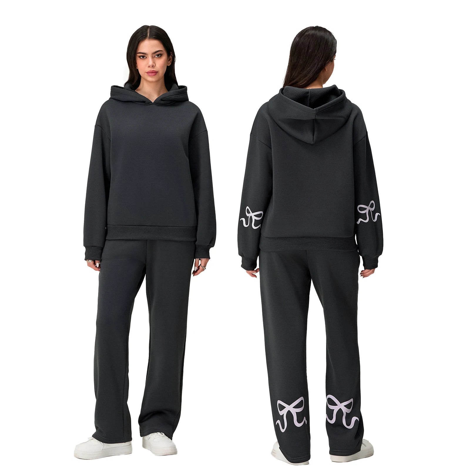 Women's Casual 2 Piece Outfits Long Sleeve Bow Print Hooded Tops Sweatshirts Wide Leg Pants Sets Tracksuits