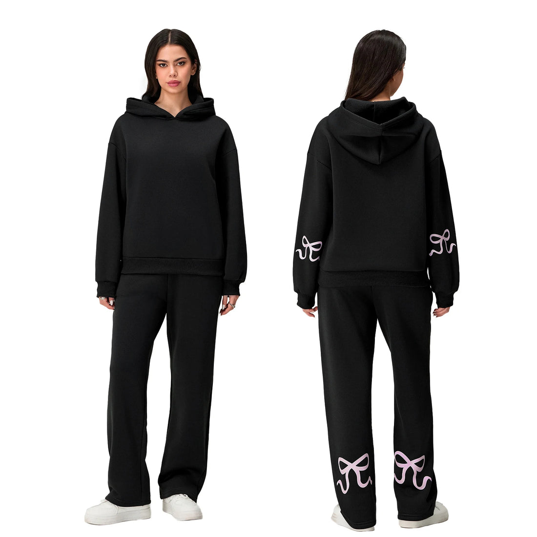 Women's Casual 2 Piece Outfits Long Sleeve Bow Print Hooded Tops Sweatshirts Wide Leg Pants Sets Tracksuits