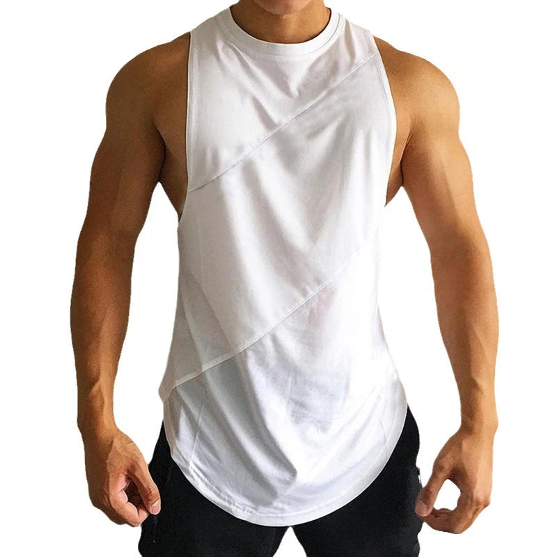 White Sporty Tank Tops Men Gym Fitness Workout Sleeveless Male Stringer Singlets Summer Casual Solid Color Loose Undershirt
