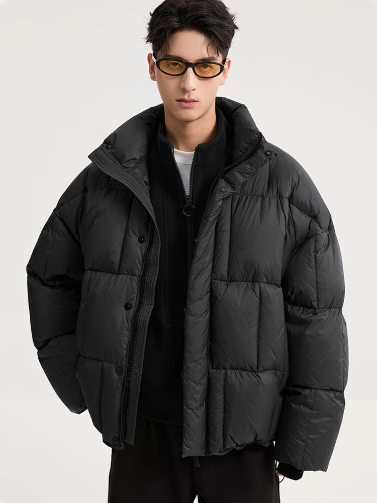 Men's Solid Color Puff Down Coats 2026 Winter Fashion Thick Warm Loose Jackets Male Stand-up Collar Bread Overcoats W919