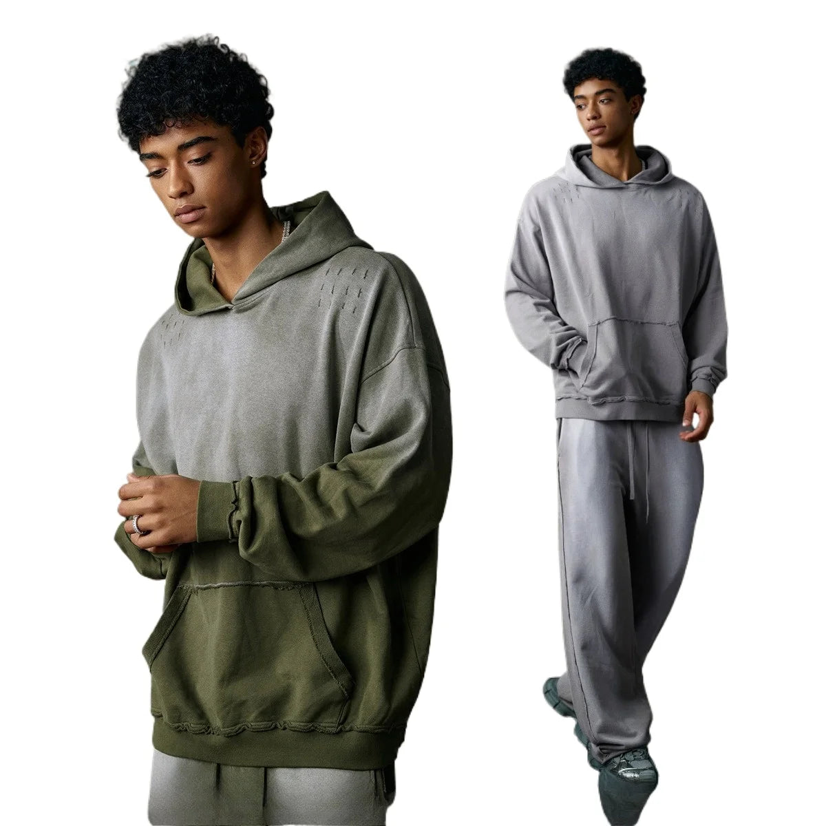 Custom LOGO men's 2025 autumn 370G heavy 100% cotton gradual change hole hooded sweater straight trousers set - ATFH
