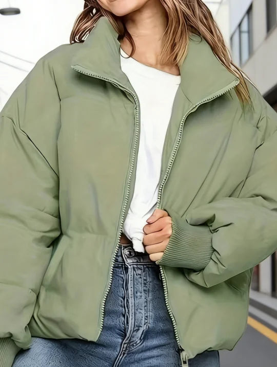 Thickened Oversized Cropped Puffer Jacket, Army Green Zip-Up Style, Women's Warm Top for Fall & Winter Commute & Streetwear