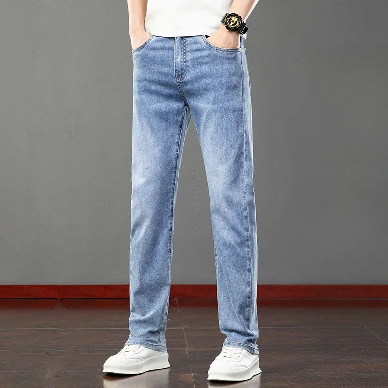 2026 Summer Men's Jeans Slim Fit Jeans Thin Stretch Straight Light Business Casual Denim Long Pants Male Classic Style Brand ATFH