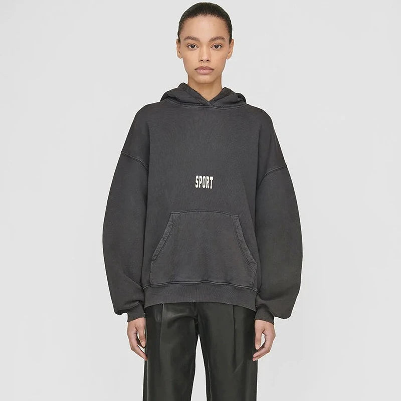 2026 Autumn Spring New North American Niche Classic Letter Printing Dyeing Fried Color Old Washing Water Women's Hooded Sweater - ATFH