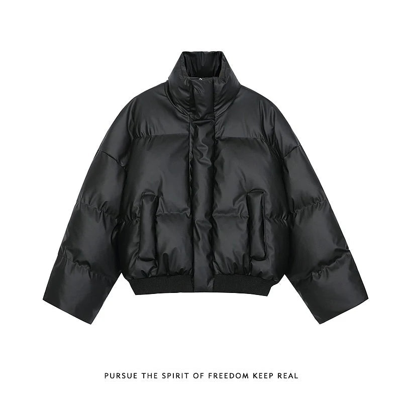 New 2025 Winter Women's Fashion Oversized Black Puffer Jacket Casual Windproof Stand Collar Short Cotton Down Coat for Women ATFH