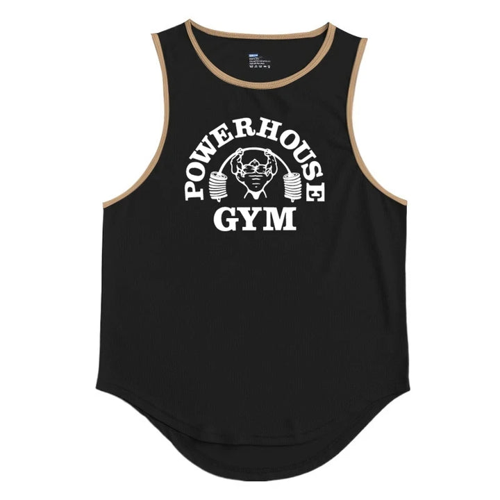 Men's black sleeveless singlet tank top with beige trim and Powerhouse Gym graphic