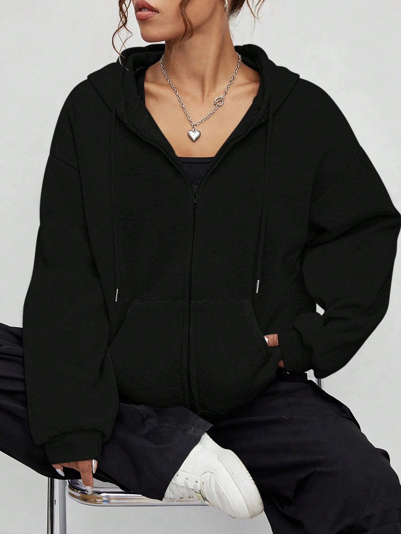 New Solid Zipper Hoodie Women Warm Fleece Hoodies Autumn Casual Hoody  Street Pocket Sportswear Oversized All-Match Female veste - ATFH