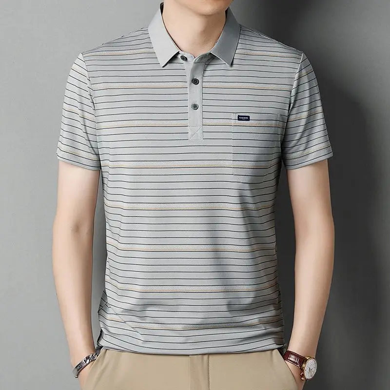 Men Striped Short Sleeve Polo Shirt Slim Fit Casual Business T Shirt With Small Label Decor