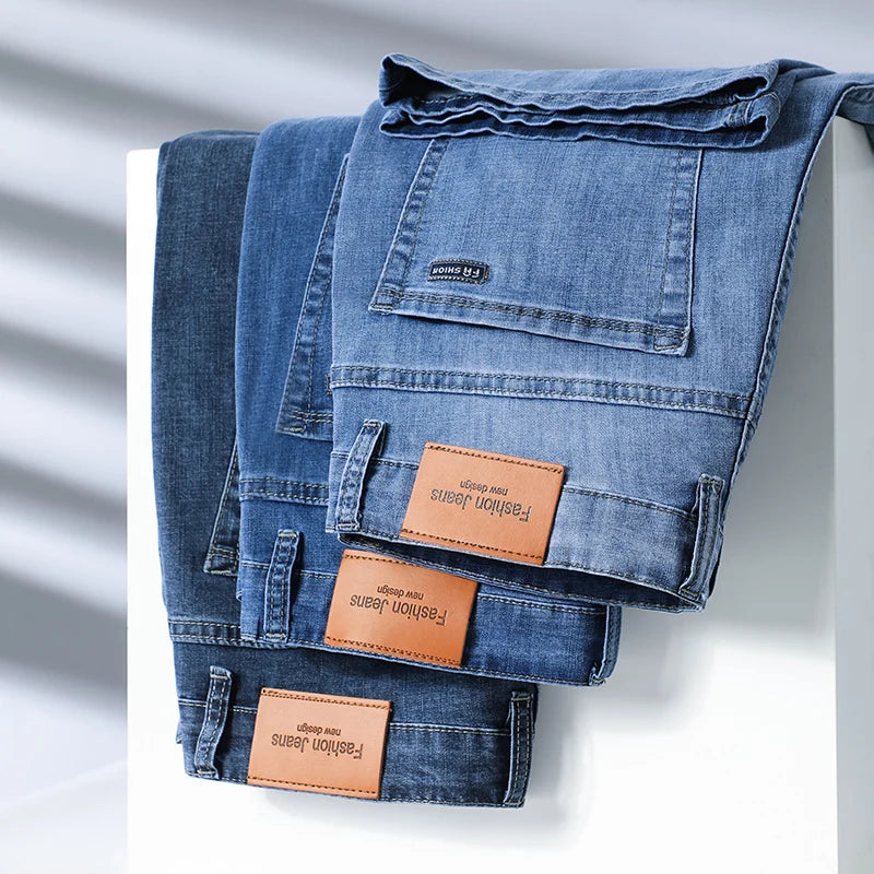 Summer Men's Thin Stretch Short Jeans Business Casual Blue Straight-leg Cotton Denim Calf-length Pants Male Brand Clothes ATFH