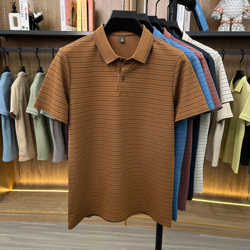 Personalized striped short sleeve polo shirt men's fashion summer new breathable comfort high-quality business casual T-shirt