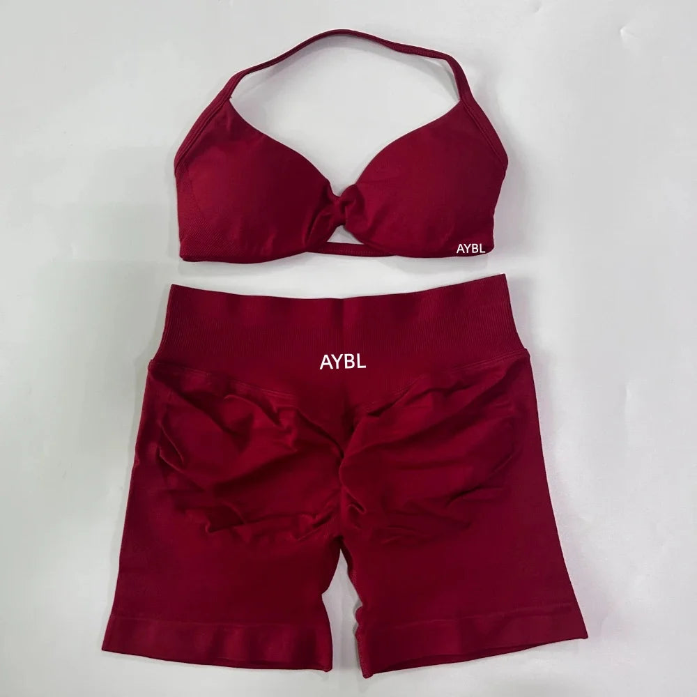 Trendy 2PCS Gym Set Women Strappy Yoga Bra Top High Waist Workout Scrunch Shorts Sports Suit Seamless Yoga Set Fitness Clothes Tahsi Fashion House