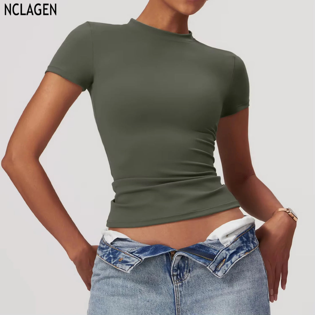 NCLAGEN Short Sleeve T Shirt Women Sports Clothes Running Workout Round Neck Breathable GYM Wear Yoga Fitness Active Top Tee - ATFH