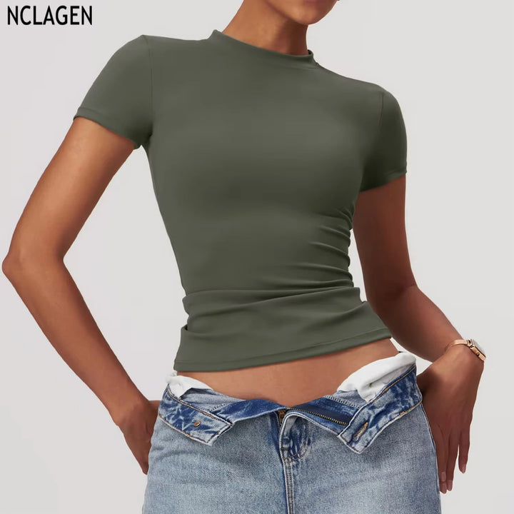 NCLAGEN Short Sleeve T Shirt Women Sports Clothes Running Workout Round Neck Breathable GYM Wear Yoga Fitness Active Top Tee - ATFH