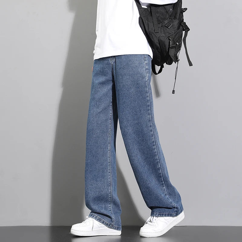 2026 New Korean Men's Casual Long Jeans Classic Man Straight Denim Wide-leg Pants Solid Color Light Blue Grey Black ATFH
