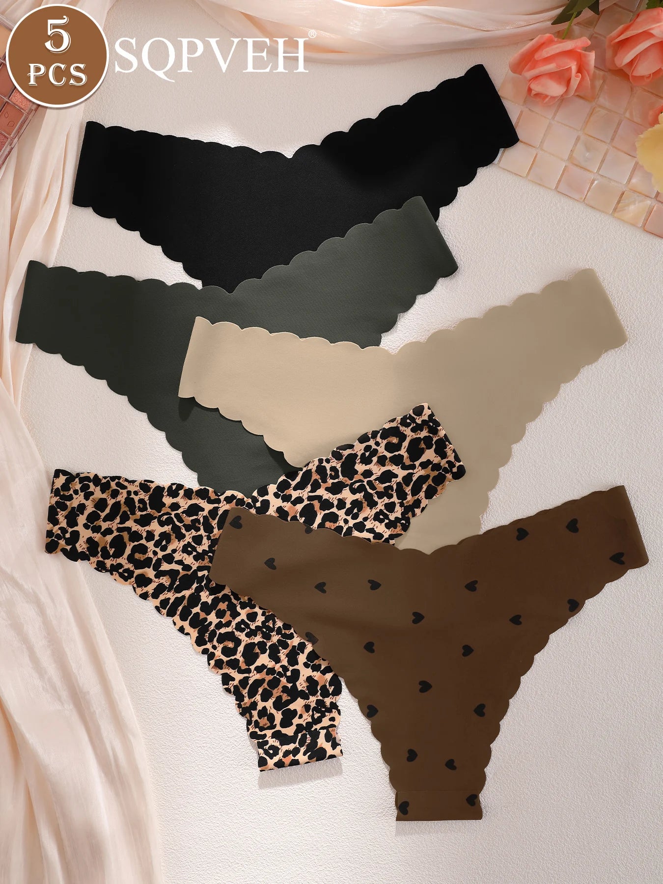 5PCS Leopard Heart Print Scalloped V-Waist Thongs, Seamless No-Show Earth Neutral Soft Breathable Invisible Women Daily Underwea