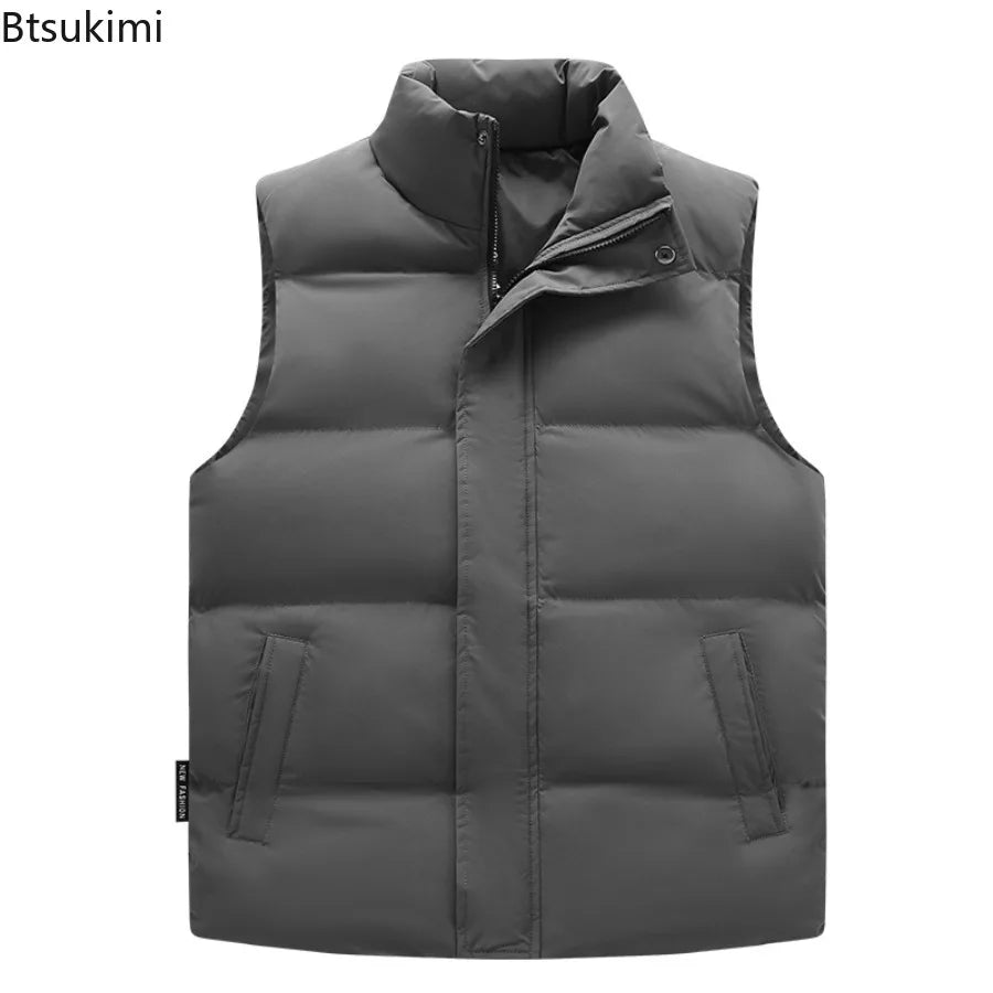 2026 Winter New Down Cotton Vest for Men Solid Color Stand Collar Versatile Sleeveless Vest Cold Resistant Warm Cotton Waistcoat