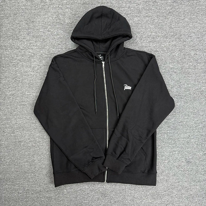 High Quality Cotton Men Women Couple Blue Black Gray Zipper Coats Hooded Simple Small Letters Logo Print PATTA Zip Hoodie Tag - ATFH