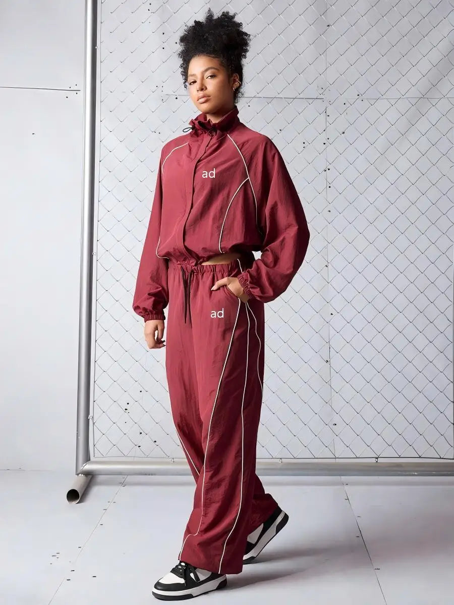 2-piece set of new casual women's fashion contrasting drawstring sports jacket, long pants long sleeved jacket set