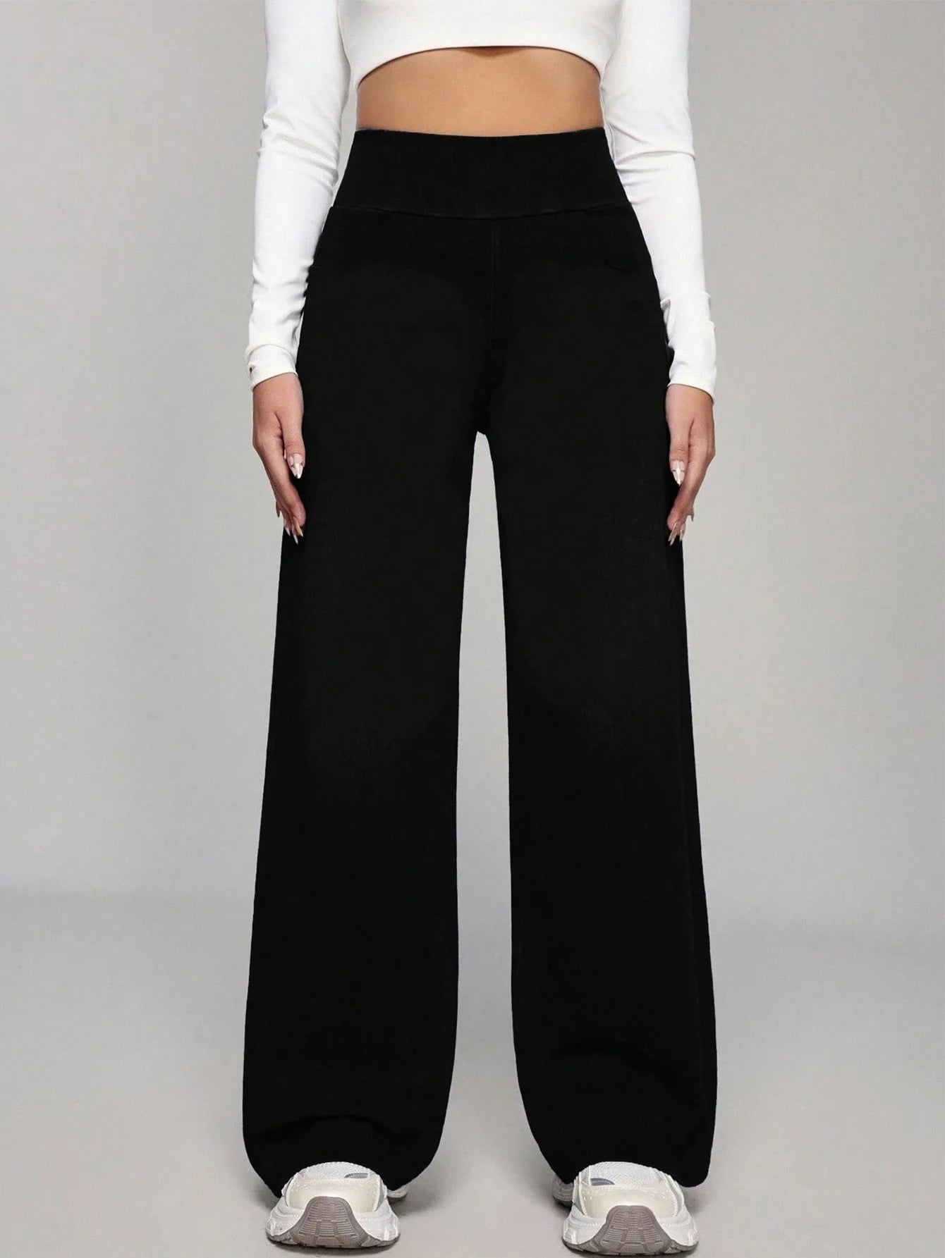 Women's Black High Waist Wide Leg Pants Tummy Control Compression Fit High Stretch Yoga Casual Daily Workout Trousers