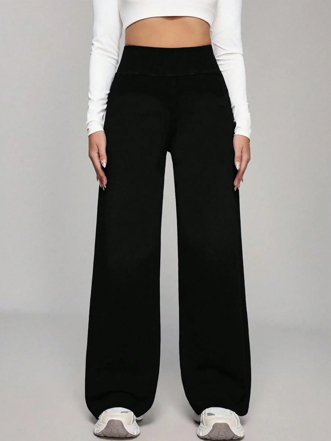 Women's Black High Waist Wide Leg Pants Tummy Control Compression Fit High Stretch Yoga Casual Daily Workout Trousers