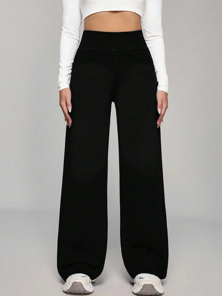 Women's Black High Waist Wide Leg Pants Tummy Control Compression Fit High Stretch Yoga Casual Daily Workout Trousers