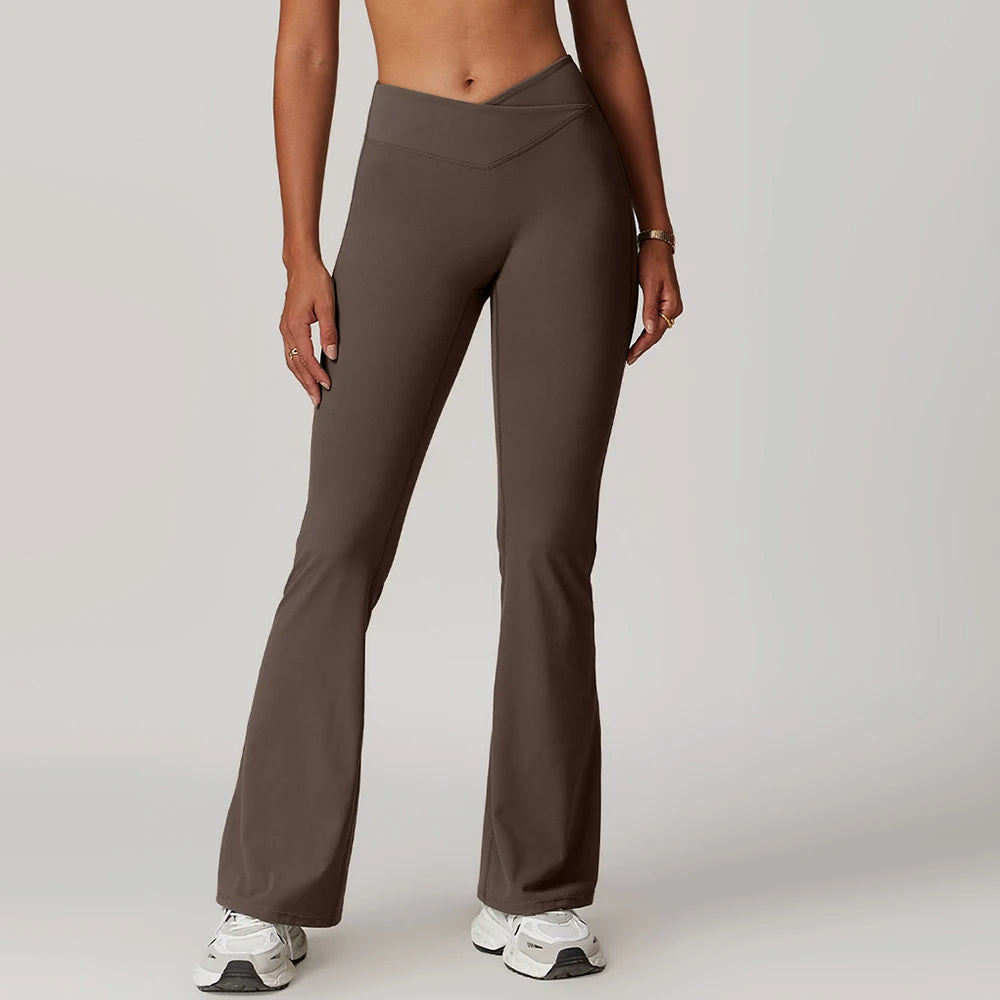 Gym Leggings Women High Waist Flared Pants Cross Waist Sport Tights Ladies Push Up Fitness Leggin Workout Clothes ATFH