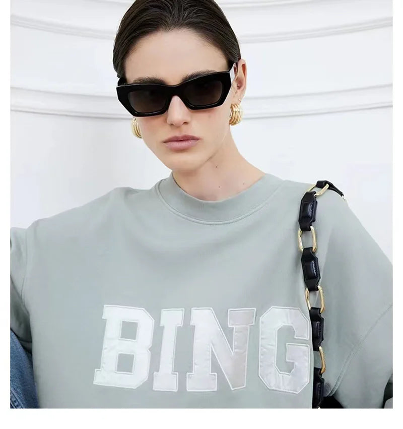 Autumn and winter BING embroidered patch fabric round neck pullover loose cotton sportswear sweatshirt for women - ATFH