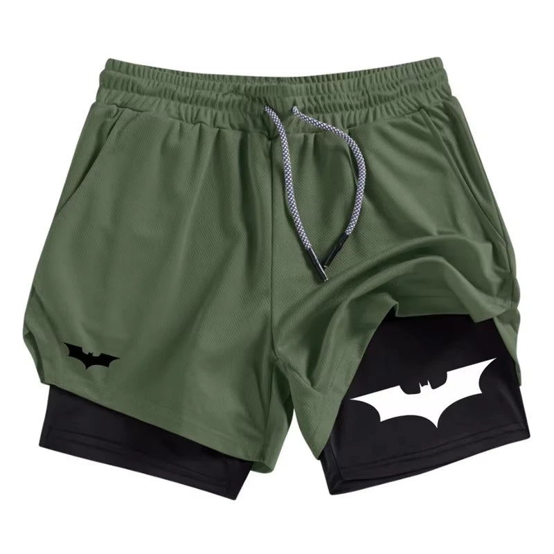 Men's Bat Print 2-in-1 Performance Shorts, Breathable Quick Drying Sports Shorts with Phone Pocket, Gym, Training, Running,