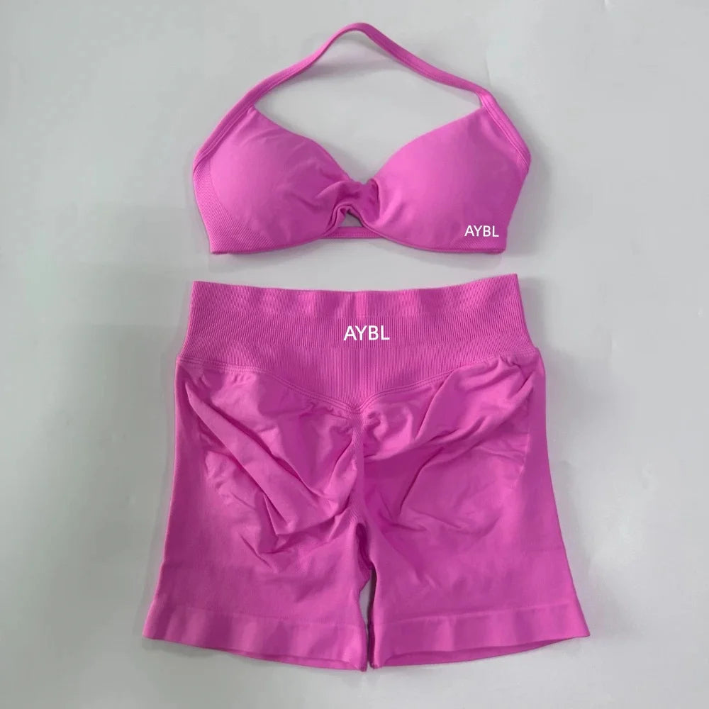 Trendy 2PCS Gym Set Women Strappy Yoga Bra Top High Waist Workout Scrunch Shorts Sports Suit Seamless Yoga Set Fitness Clothes Tahsi Fashion House