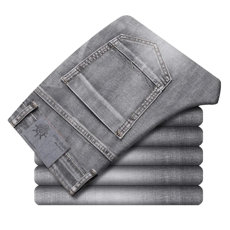 Cotton Stretch Jeans Business Casual Men's Thin Denim Jeans Grey Spring Summer Brand New Fit Straight Lightweight ATFH