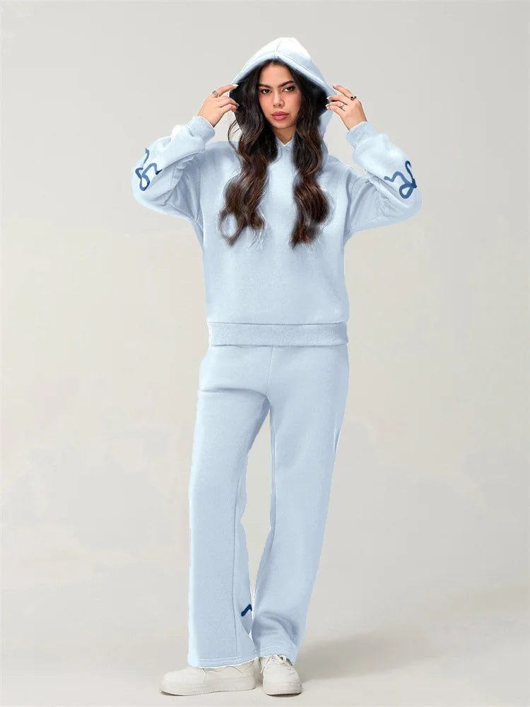 Women's Casual 2 Piece Outfits Long Sleeve Bow Print Hooded Tops Sweatshirts Wide Leg Pants Sets Tracksuits