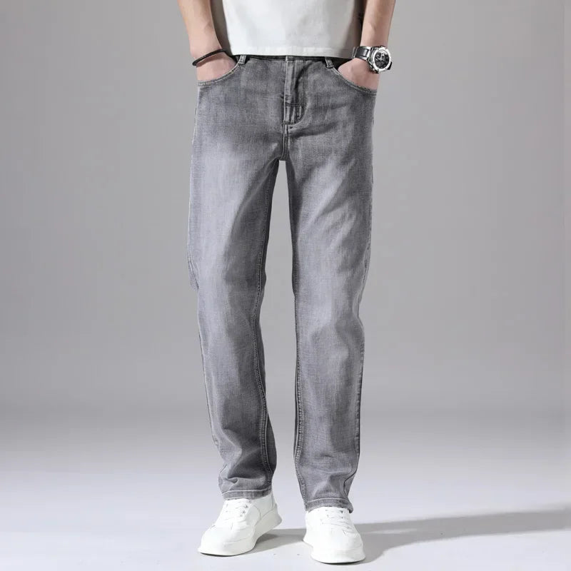 2026 Cotton Stretch Jeans Business Casual Men's Thin Denim Jeans Grey Spring Summer Brand New Fit Straight Lightweight ATFH