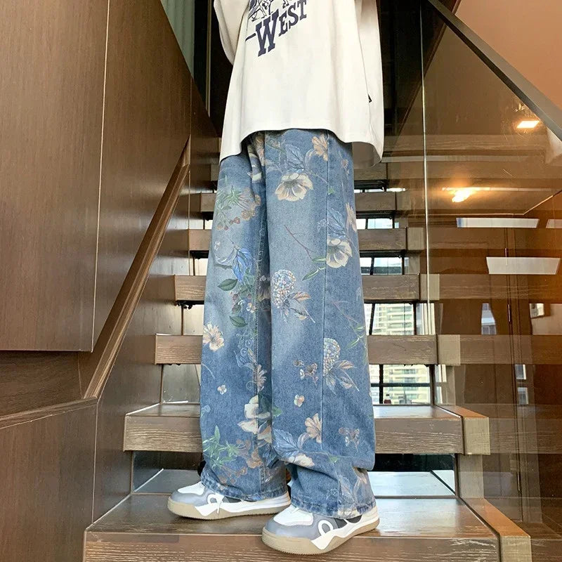 Autumn Floral Printed Jeans For Men 2024 New Y2K Vintage Denim Pants Hip Hop Fashion Wide-leg Baggy Jean Streetwear Trousers ATFH