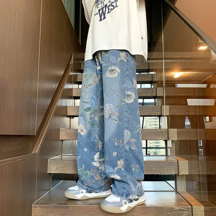 Autumn Floral Printed Jeans For Men 2024 New Y2K Vintage Denim Pants Hip Hop Fashion Wide-leg Baggy Jean Streetwear Trousers ATFH