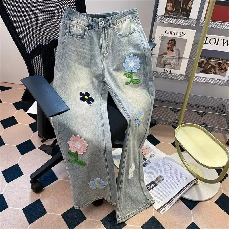 Y2K Vintage Flower Embroidered Jeans For Men High Street Baggy Straight Wide Leg Denim Pants Autumn Design Hip Hop Fashion Jean ATFH