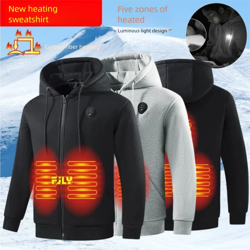 5 Areas Casual Heated Hoodie with Lights Men's Long Sleeve Thermal Sweatshirt Intelligent Temperature Control Adjustment Jacket - ATFH