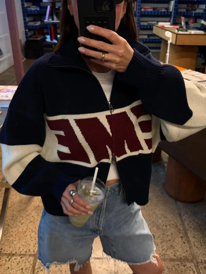 2026 Letter Printed Sweater Zipper Coats Women Elegant Stand Collar Lantern Long Sleeve Loose Fitting Cardigan Chic - ATFH